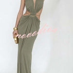 Athena Metal-Link Cutout Design Back Lace-up Drape Maxi Dress