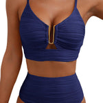 Solid Color V-neck Hollowed-out Pleated High Waist Stretch Two-Piece Bikini Swimsuit