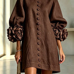 Rima Linen Blend Flowers Button Down Floral Cuffs Half Sleeve Mini Dress