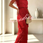 Elowyn Mesh Tiered Tassel Patchwork Round Neck Cape Sleeve Midi Dress