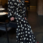 Chrissa Satin Polka Dot Print Lace Trim High Rise Flare Drape Maxi Skirt