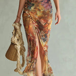 Floral Print Short-sleeved Square Neck Ruffled Elegant Slit Maxi Dress