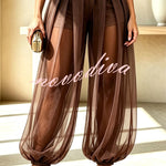 Semi-sheer Mesh Solid Color Mid Rise Patchwork Loose Lantern Pants