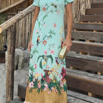 Mezcal Satin Floral Print Contrast Color Printed Short Sleeve Pocket Feather Trim Maxi Dress