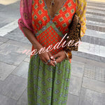 Genovah Colorful Tile Print Patchwork V-neck Balloon Sleeve Maxi Dress