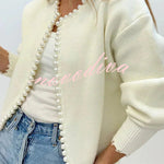 Elegant Chic Knit Pearls Trim Long Sleeve Relaxed Cardigan
