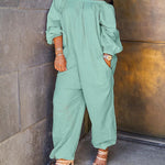 Zeagoo Women's Casual Solid Cold Shoulder Long Sleeve Jumpsuit Loong Plus Size Pocket Rompers Overlay Suit