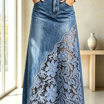 Stylish and Elegant Denim Side Panels Flower Crochet Lace Pocket Maxi Skirt