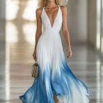 Elegant And Flowing V-Neck Pleated Chiffon Blue Gradient White Maxi Dress