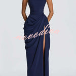 Cyra Back Lace-up Asymmetrical Pleats Strapless Slit Maxi Dress