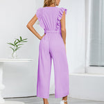 Zeagoo Women's Casual Loose Jumpsuit V Neck Sleeveless Solid Ruffle Pleated Wide-leg Long Playsuit with Belt