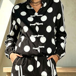 Napoleon Colorblock Polka Dot Zipper High Neck Chinese Style Buttons Pocket Sporty Jacket