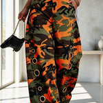 Faux Denim Unique Print Mid Rise Silver Stud Detail  Pocket Barrel Pants