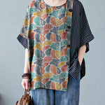 Novelty Black O-Neck Striped Patchwork Button Cotton T Shirts Half Sleeve