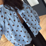 Issie Polka Dot Print Turtleneck Knotted Balloon Sleeve Back Slit Loose Blouse