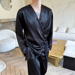Silky Shiny Satin Tie Long-sleeved Shirt Casual Trousers Two-piece Suit