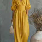 Solid Color V-neck Fitted Waist Pocket Casual Wide-leg Jumpsuit