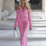 Fashionable Personalized Lapel Pink Denim Off-the-shoulder Long-sleeved Flared Jumpsuit