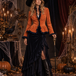 Retro Western Burnt Orange Faux Suede Navy Ruffle Trim Peplum Jacket