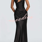 Emina Satin One Shoulder Asymmetrical Neck Cutout Back Lace-up Drape Maxi Dress