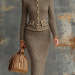 Vintage Herringbone Gold Trim Stand Collar Jacket And Skirt Set