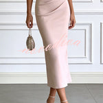 Sheer High-Neck Ruffle Sleeve Back Tie-up Top and Slip Ruched Midi Dress Two Pieces Set