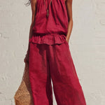 Linen Blend Round Neck Sleeveless Ruffled Top and Elastic Waist Casual Pocket Wide-leg Pants Set