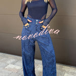 Free Moment Animal Print Metal Ring Design Pocket Wide Leg Pants