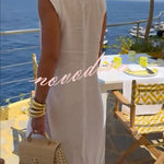 Elegant Resort Linen Blend Stand Neck Front Slit Midi Top and Elastic Waist Loose Pants Set