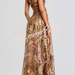 Bohemian Flair Chiffon Golden Paisley Print Cutout Halter Maxi Dress