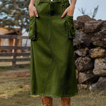 Zeagoo Women's Casual High Waist Denim Midi Skirt Drawstring Adjustable Long Jeans Skirt with Pockets