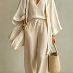 Linen Blend Solid Color Loose Cardigan V-neck Sleeveless Vest and Elastic Waist Pocket Straight Leg Pants Three-piece Set