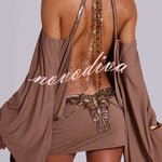 Alula Chain Sequin Embroidered Butterfly Kimono Slit Sleeve Backless Mini Dress