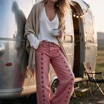 Vintage Button-down Washed Pink Flared Frayed Jeans