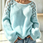 Faux Mink Knit Crochet Flowers Shoulder Wide Neck Long Sleeve Loose Sweater