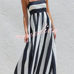 Color-blocked Striped Print Square Neck Suspender Casual Pocket Maxi Dress