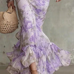 Unique Print Stand Collar Puff Sleeve Slim Fit Ruffle Maxi Dress