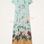 Mezcal Satin Floral Print Contrast Color Printed Short Sleeve Pocket Feather Trim Maxi Dress