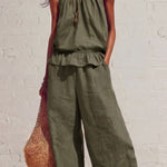 Linen Blend Round Neck Sleeveless Ruffled Top and Elastic Waist Casual Pocket Wide-leg Pants Set