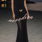 Touch of Drama Mesh Butterfly Metal Clips One Shoulder Backless Maxi Dress