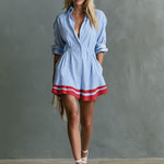 Retro-style Color-blocked Trim Blue Striped Long-sleeved Collared Cotton Mini Dress