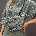 Kadence Polka Dot Zipper Lapel High Neck Drawstring Hem Sporty Jacket