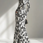 Black and White Color-blocked Printed Long-sleeved Pocket Slim-fit Pleated Maxi Dress