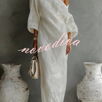 Linen Blend Loose-fitting One-shoulder Lantern Sleeve Casual Pocket Maxi Dress