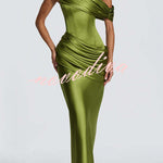 Ella Satin Detachable Asymmetric Off Shoulder Drape Panel Back Lace-up Maxi Dress
