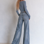 Casual Ribbon-detail Button-fly Blue Straight-leg Jeans