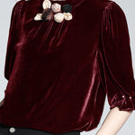 Elegant Blackish Green Stand Collar Floral Silk Velour Top Short Sleeve