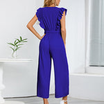 Zeagoo Women's Casual Loose Jumpsuit V Neck Sleeveless Solid Ruffle Pleated Wide-leg Long Playsuit with Belt