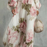 Floral Print Off-Shoulder Long-Sleeve Elastic Waist-Defining Maxi Dress