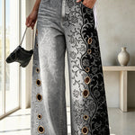 Faux Denim Unique Print Mid Rise Silver Stud Detail  Pocket Barrel Pants